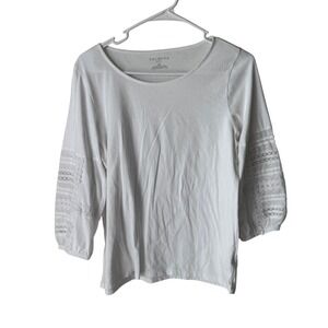 Talbots Petite White Cotton Eyelet Lace Crochet 3/4 Sleeve Scoop Neck Top MP